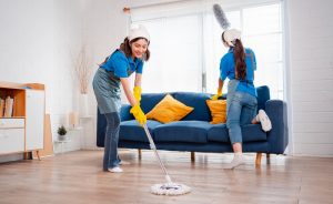Professional from Brilliant Results Cleaning providing deep cleaning services in a Porter County home after summer storms
