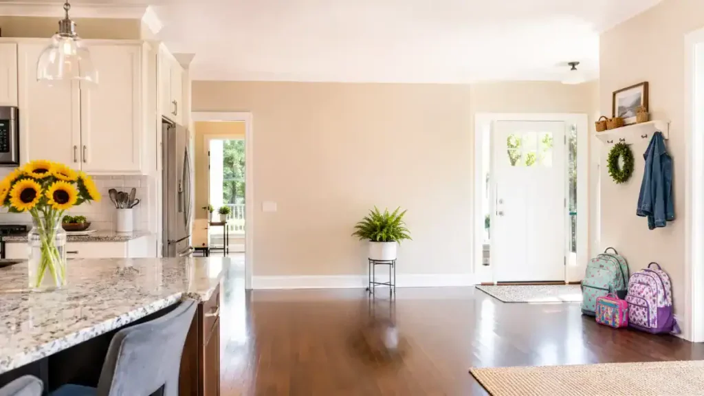 Bright, organized Northwest Indiana family kitchen and entryway after a professional back-to-school deep clean.